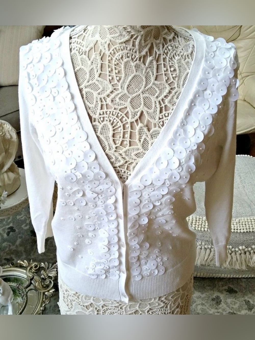 Grace White V-Neck Sweater Cardigan with Sequin Detail